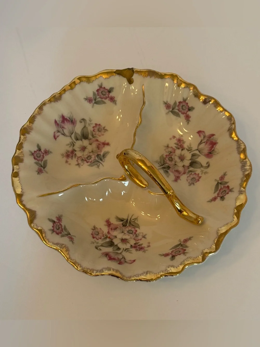 Antique 22k Gold Trim Divided Floral Relish Serving Dish Bowl with Handle